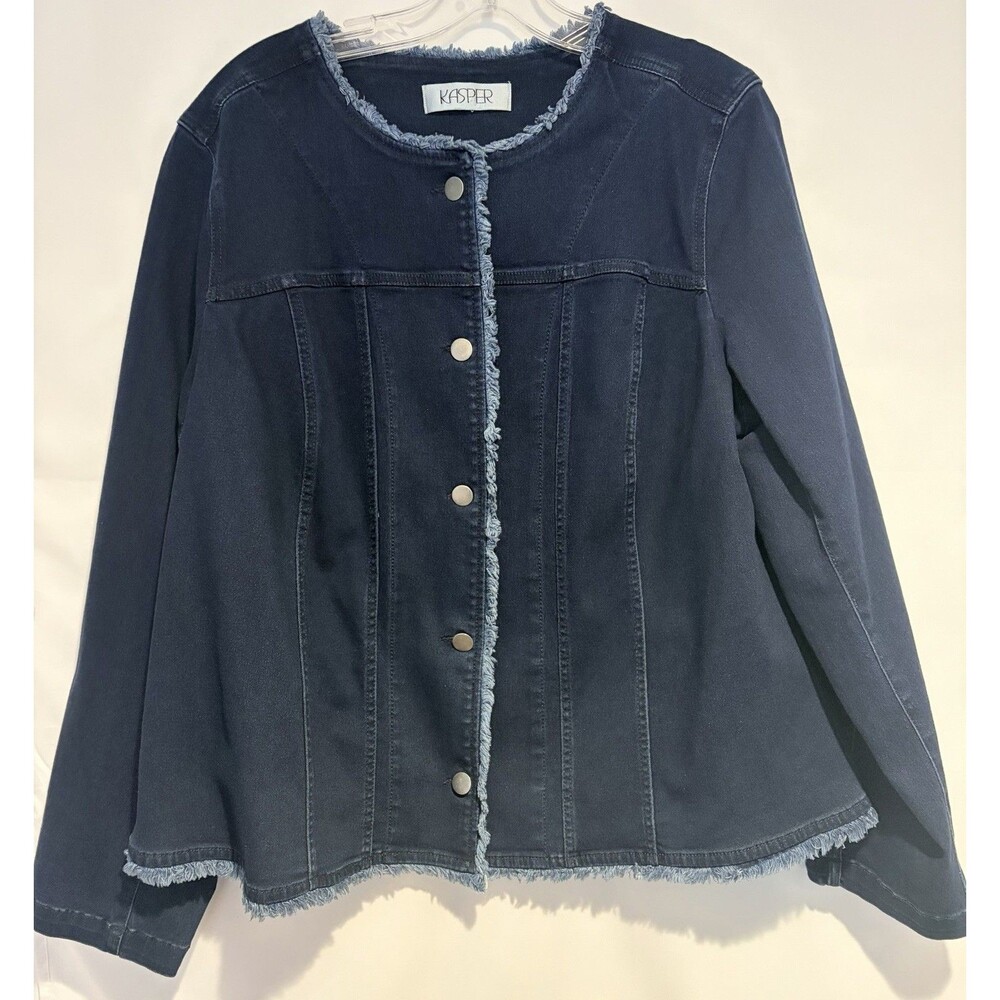Kasper Women’s Dark Blue Denim Jacket Fringe Collarless Button Front Size Unknow
